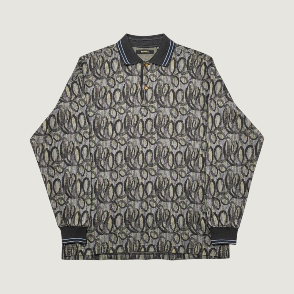Bachrach Vintage 90s Textured Knit Abstract Long Sleeve Polo Shirt‎ Mens Large